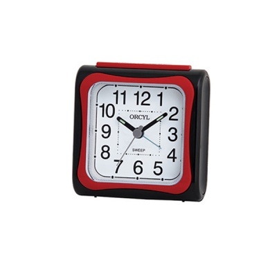 Relógio de mesa quadrado preto e vermelho com mostrador branco e números pretos