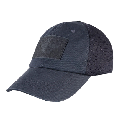 Boné desportivo azul escuro com fita frontal e tecido perfurado