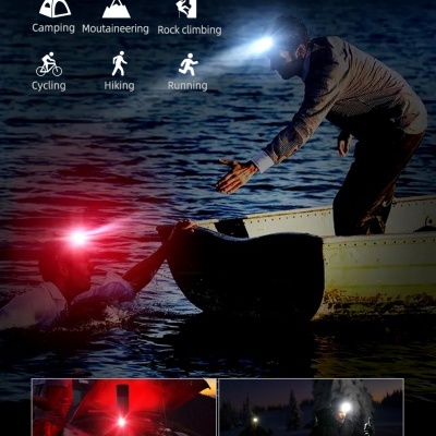 Lanterna frontal LED dual luz branca e vermelha usada em actividades ao ar livre