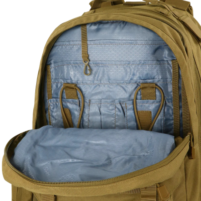 Mochila tática caqui com interior azul e vários compartimentos
