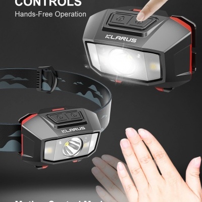 Lanterna de cabeça KLARUS preta com faixa ajustável e controles de sensor de movimento