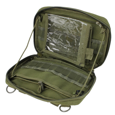 Bolsa táctica verde com divisórias e fechos zip aberta