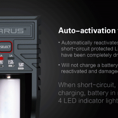 Carregador de bateria KLARUS K1 com botão vermelho e indicadores LED em fundo preto