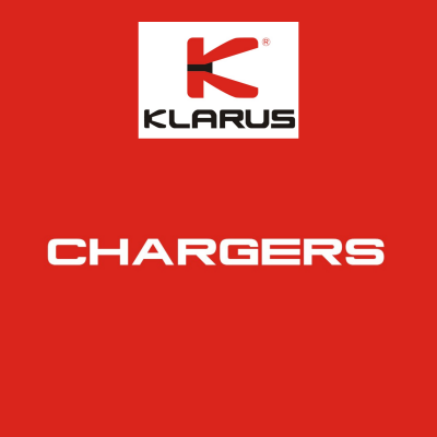 Logotipo da KLARUS sobre fundo vermelho com a palavra CHARGERS em branco