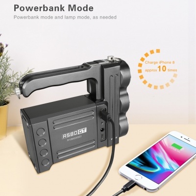 Dispositivo AS80GT preto com cabo a carregar um iPhone branco sobre uma superfície clara