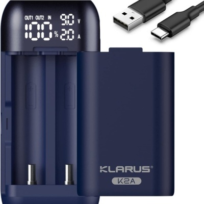 Carregador de pilhas KLARUS K2A azul com display digital e cabo USB tipo C a USB