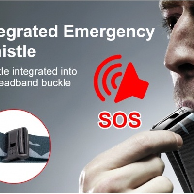 Apito de emergência integrado na fivela de fita de cabeça cinzenta escura com padrão