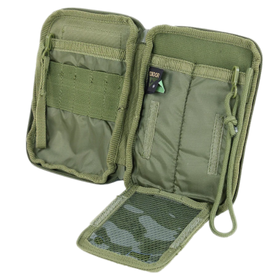 Carteira ou estojo verde caqui com vários compartimentos e etiqueta Condor