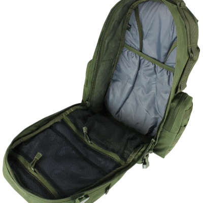 mochila verde militar aberta mostrando interior cinzento e bolsos de rede preta