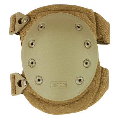 Proteção para joelho com capa rígida de plástico cáqui e tiras em velcro castanhas