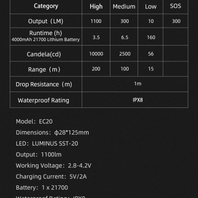 Tabela de especificações técnicas da lanterna EC20 com dados de saída, autonomia, resistência e dimensões