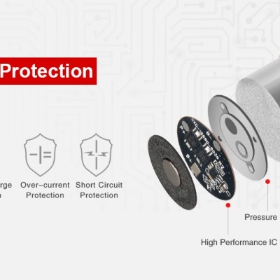 Bateria cylindrical 5000mAh com texto de proteção multi-camadas e componentes internos expostos.