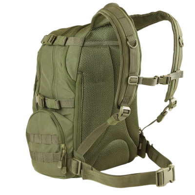 Mochila tática verde com múltiplos bolsos e fivelas ajustáveis