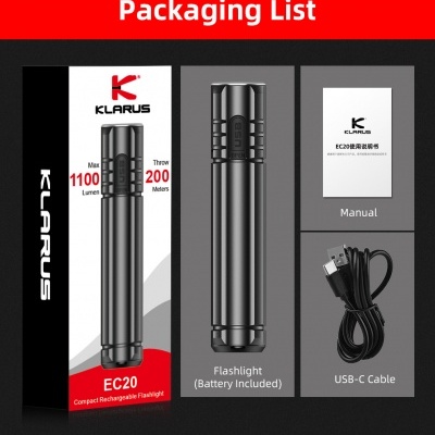 Embalagem de lanterna Klarus EC20 com manual e cabo USB-C
