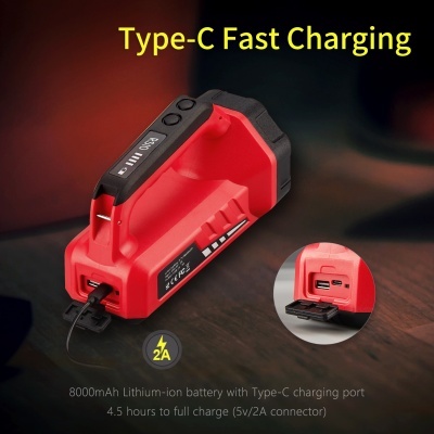 Carregador rápido Type-C vermelho e preto com bateria 8000mAh e porta USB Tipo-C