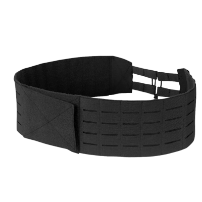 Cinto tático negro em tecido com padrão de cortes a laser e fecho de velcro
