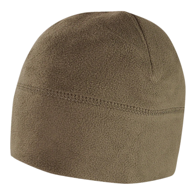 Touca polar castanho claro, textura macia e costuras visíveis.