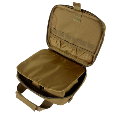 Bolsa bege aberta com bolsos interiores e pega reforçada