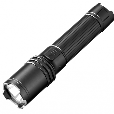 Lanterna preta de metal com corpo estriado e botão deslizante