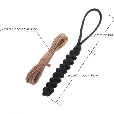 Cordão preto trançado e pavio castanho claro