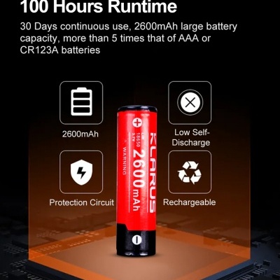 Bateria recarregável vermelha e preta KLARUS 2600mAh com informações de características