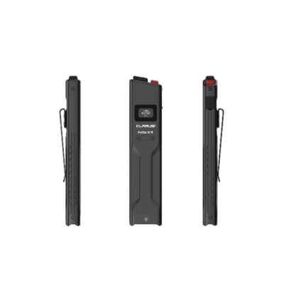 Dispositivo eletrônico preto com texto 'CLARUS PULSE 9-33' e botões vermelhos visto de três ângulos