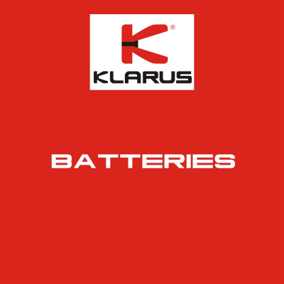 Logotipo da KLARUS com a palavra BATTERIES em fundo vermelho