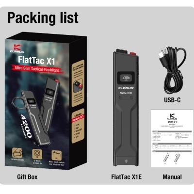Lanterna tática ultrafina FlatTac X1 com caixa, cabo USB-C e manual.