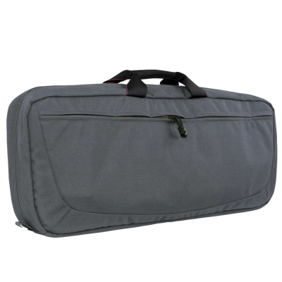 Mala de transporte cinzenta com alça preta e zíper