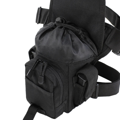 Bolsa preta multifuncional com zíperes, cordão ajustável e fivela