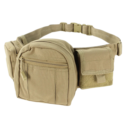 Bolsa de cintura tática bege com várias bolsas e cinto ajustável