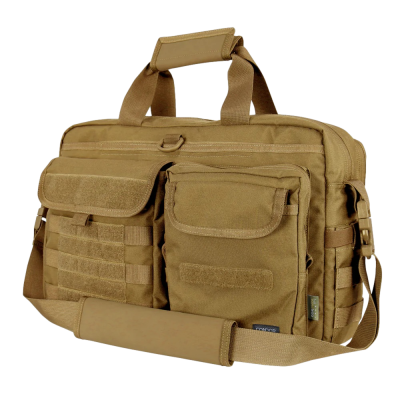 Mala tática castanha com múltiplos bolsos frontais e alças acolchoadas