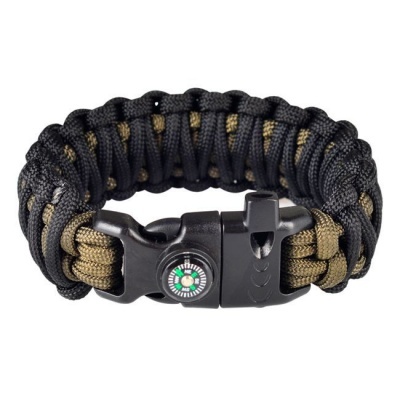 Pulseira de corda paracord preta e castanha com bússola e apito no fecho plástico