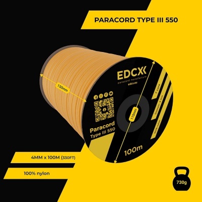 Rolo de paracord amarelo tipo III 550 com etiqueta preta e amarela