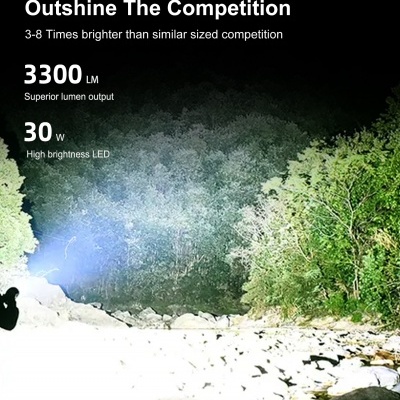 Luz LED brilhante iluminando floresta e pedras com texto em inglês sobre brilho e potência