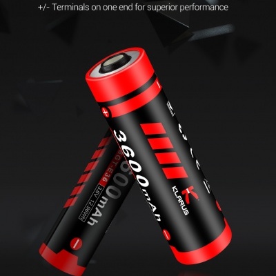 Baterias recarregáveis 18GT-E36 Kerus 3600mAh com texto e ícones em fundo preto