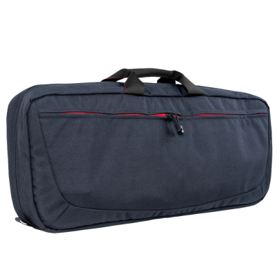 Mala preta com fecho éclair vermelho e pegas pretas