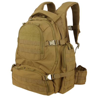 Mochila tática bege com múltiplos compartimentos e alças acolchoadas