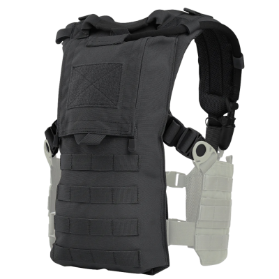 Colete tático preto com alças brancas e múltiplas fitas de fixação