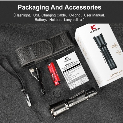 Lanterna preta com acessórios e embalagem branca sobre fundo cinzento