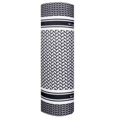 Tapete enrolado preto e branco com padrão geométrico e texto 'COM'