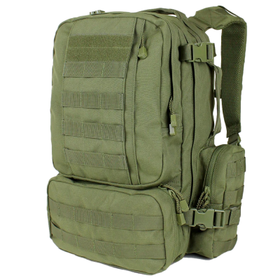 Mochila verde militar com múltiplos bolsos e tiras ajustáveis