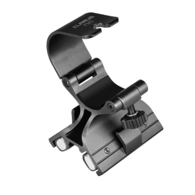 Suporte de metal preto com dobradiça e parafuso de ajuste