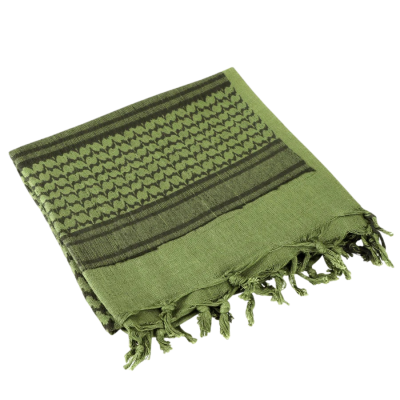 Lenço keffiyeh verde com padrão preto e franjas.