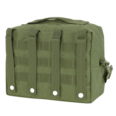 Mala verde militar tipo estojo com tiras verticais e fecho de correr