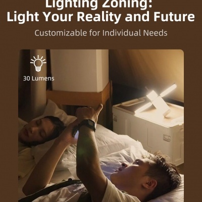Duas pessoas na cama com luminária LED branca a iluminar o quarto, texto sobre luz e personalização.