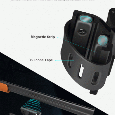 Suporte magnético preto com fita de silicone e lanterna preta fixada