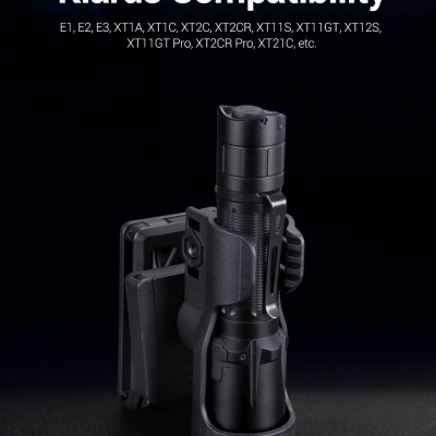 Suporte preto para lanterna com texto de compatibilidade Klarus