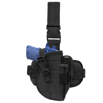 Coldre preto para perna com arma de treino azul
