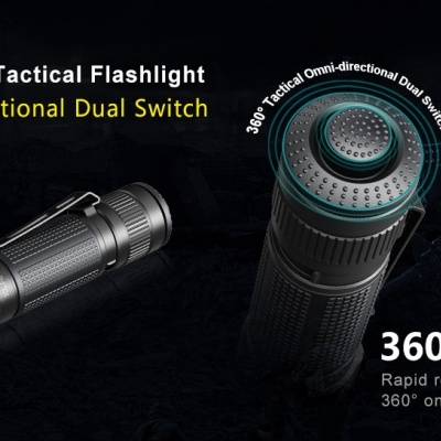 Lanternas táticas pretas com texto promocional e fundo escuro tecnológico